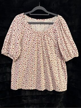 LOFT Ladybug Print Boho Top Womens Large White Puff Sleeve Soft Tee Cottagecore